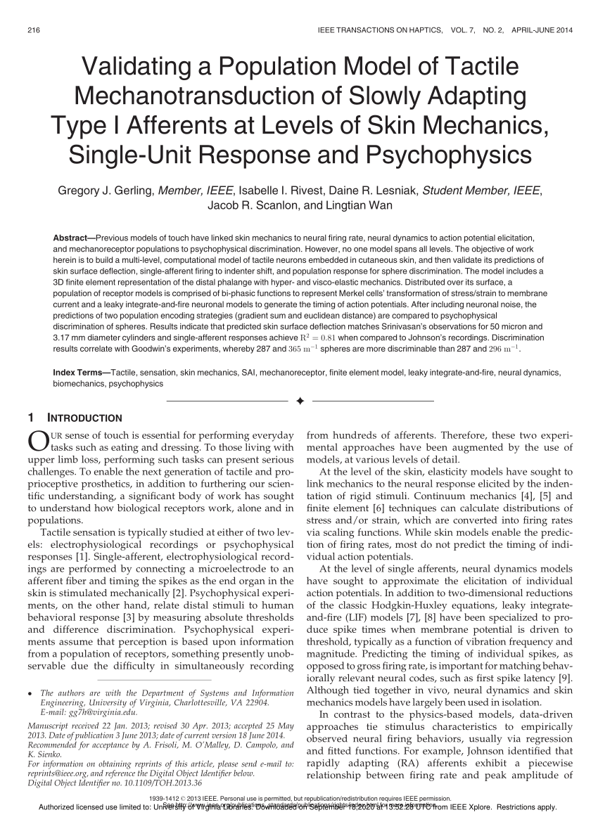 Pdf Validating A Population Model Of Tactile Mechanotransduction Of Slowly Adapting Type I Afferents At Levels Of Skin Mechanics Single Unit Response And Psychophysics