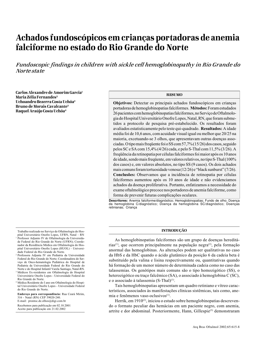 PDF) Achados fundoscópicos em crianças portadoras de anemia falciforme no  Estado do Rio Grande do Norte