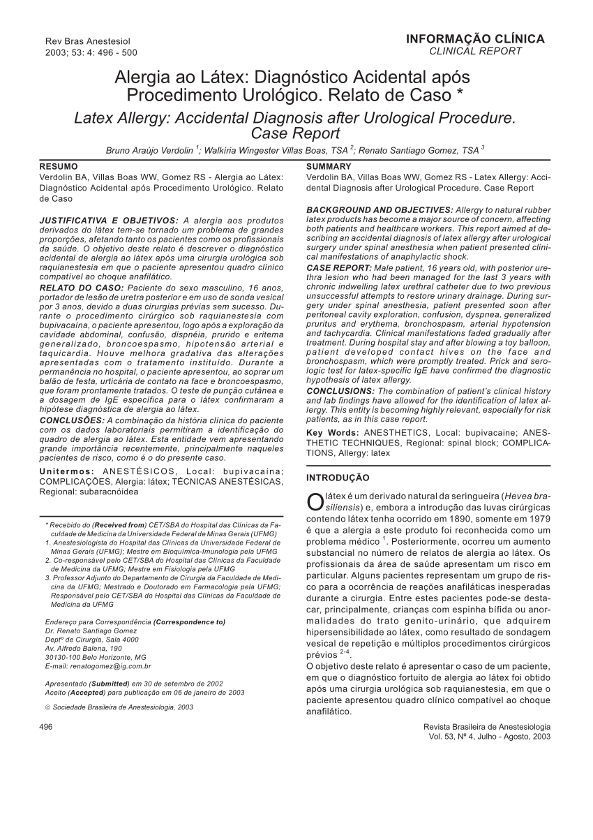 Pdf Alergia Ao Látex Diagnóstico Acidental Após Procedimento