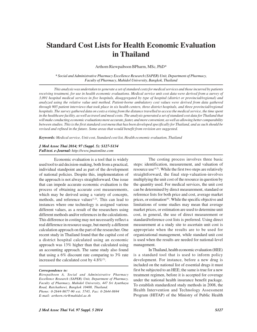 PDF) Standard cost lists for health economic evaluation in Thailand