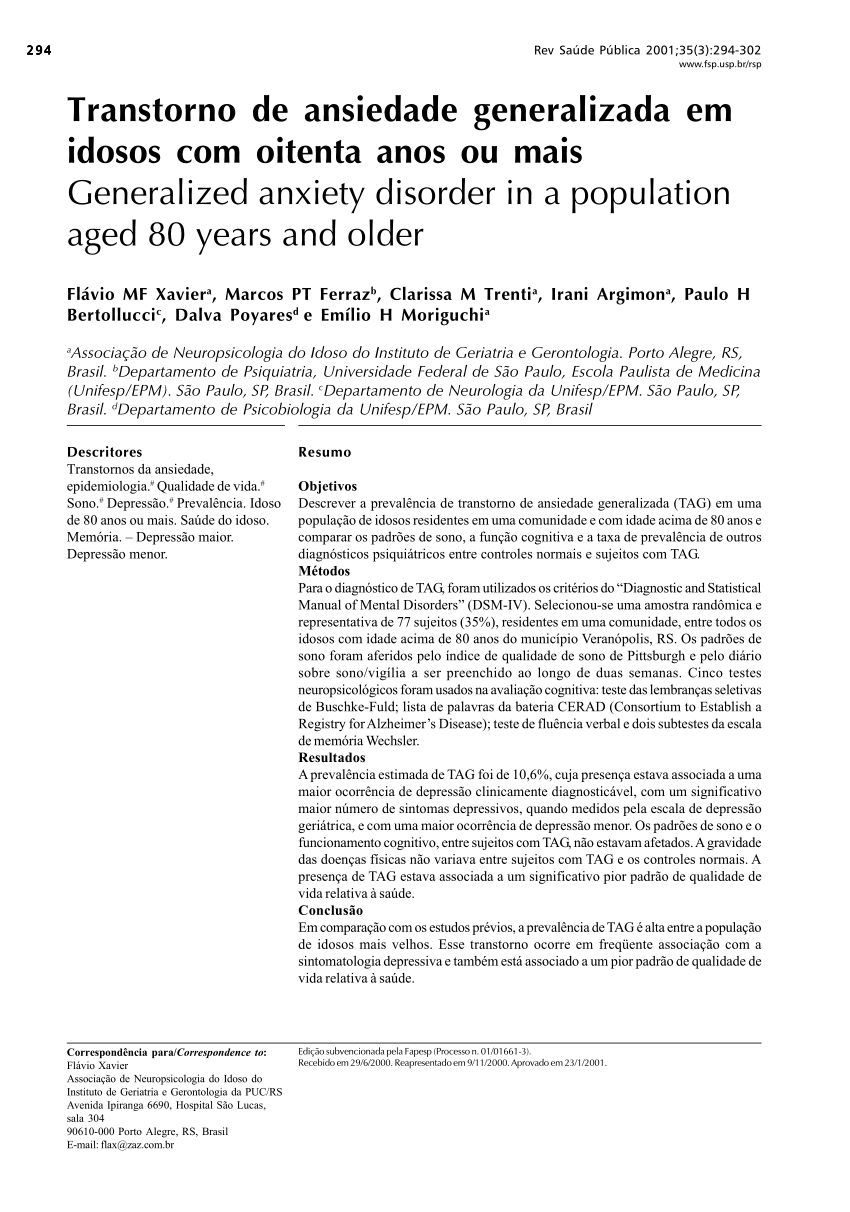 Pdf Transtorno De Ansiedade Generalizada Em Idosos Com Oitenta Anos Ou Mais 