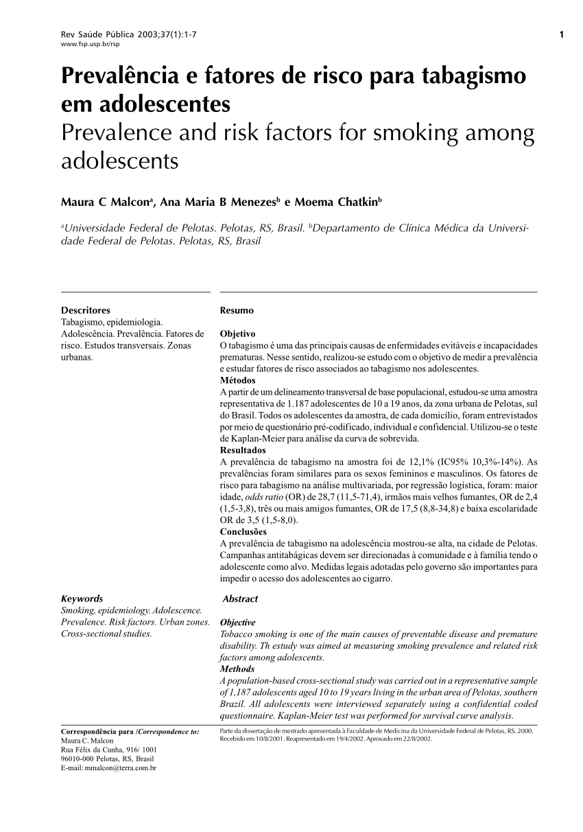 PDF) Prevalência e fatores de risco para tabagismo em adolescentes (Prevalence and risk factors for smoking among adolescents)