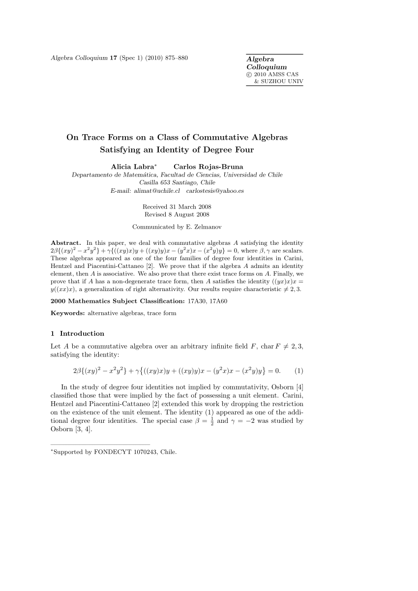 Pdf On Trace Forms On A Class Of Commutative Algebras Satisfying An Identity Of Degree Four