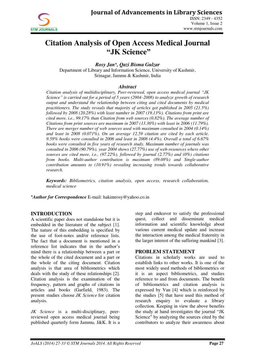 Pdf Citation Analysis Of Open Access Medical Journal Jk Science