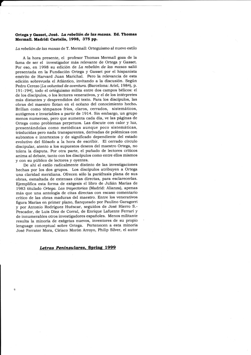 PDF) Ortega Gasset, José. La rebellion de las masas. Ed. Thomas Mermall.