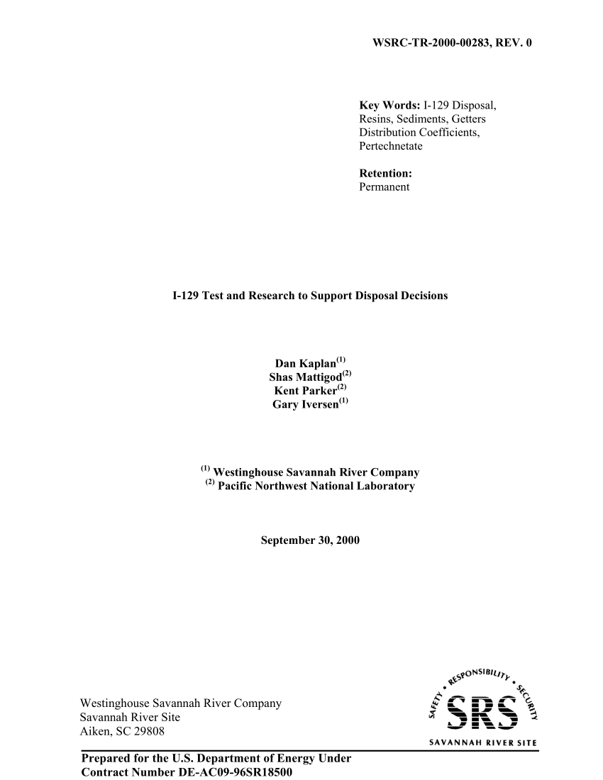 (PDF) Experimental work in support of the 129 I-disposal special analysis