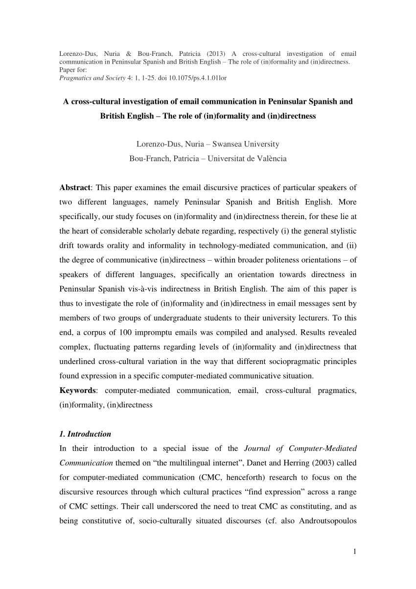 Pdf A Cross Cultural Investigation Of Email Communication In Peninsular Spanish And British English The Role Of In Formality And In Directness