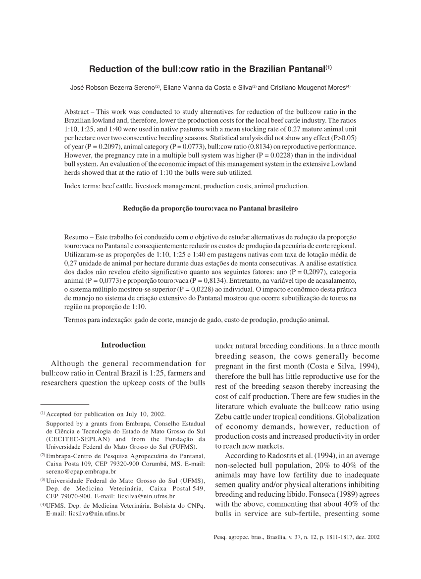 Pdf Reduction Of The Bull Cow Ratio In The Brazilian Pantanal