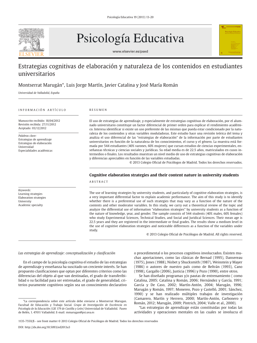 Pdf Estrategias Cognitivas De Elaboración Y Naturaleza De - 