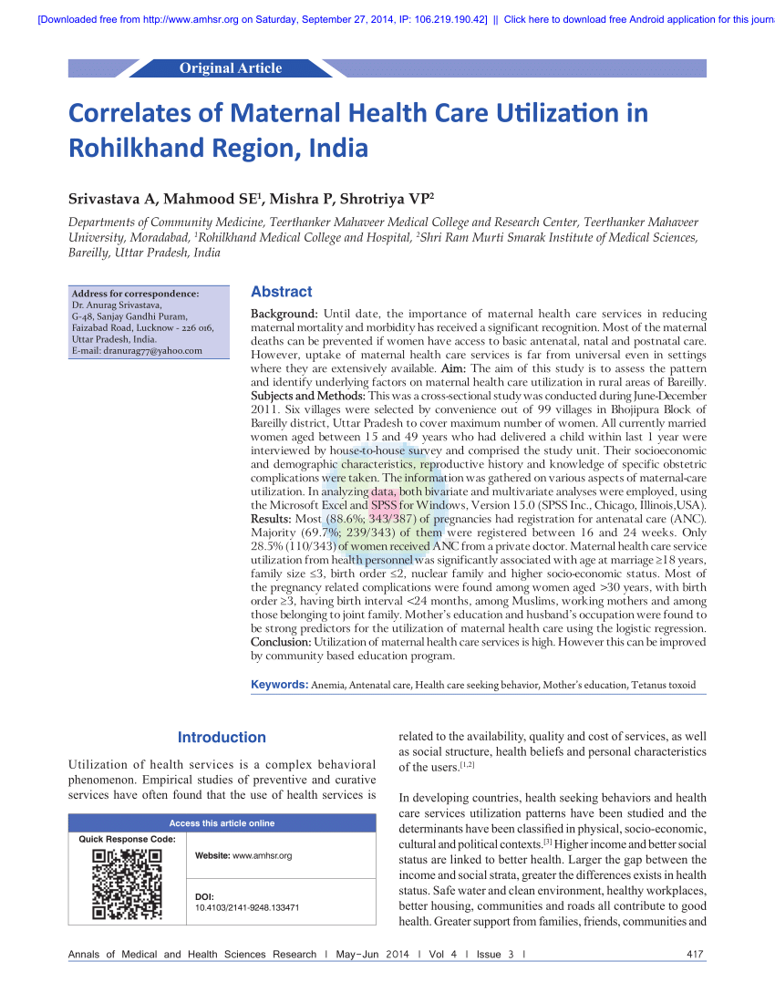 PDF) Correlates of Maternal Health Care Utilization in Rohilkhand Region,  India