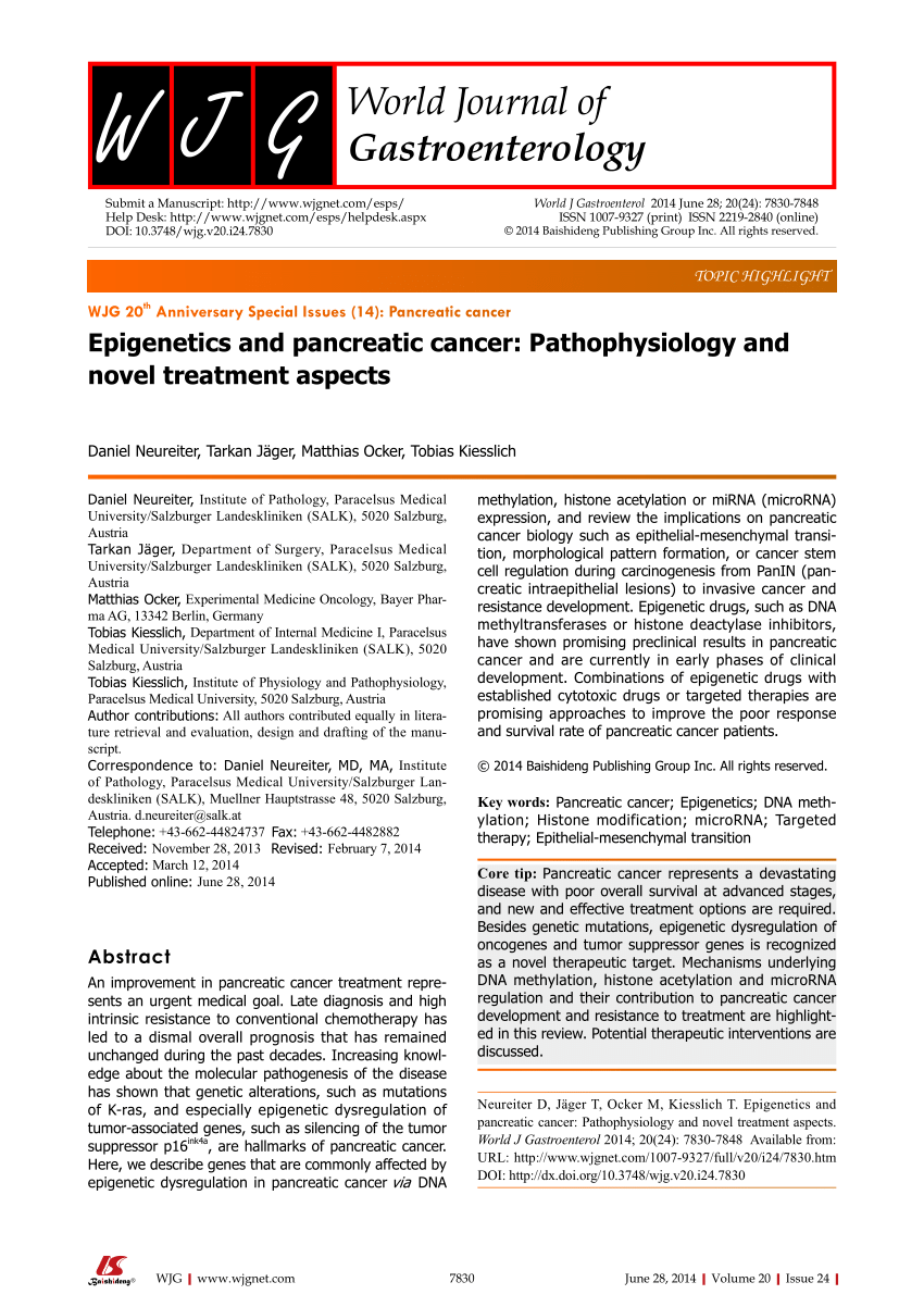 Pdf Epigenetics And Pancreatic Cancer Pathophysiology And Novel