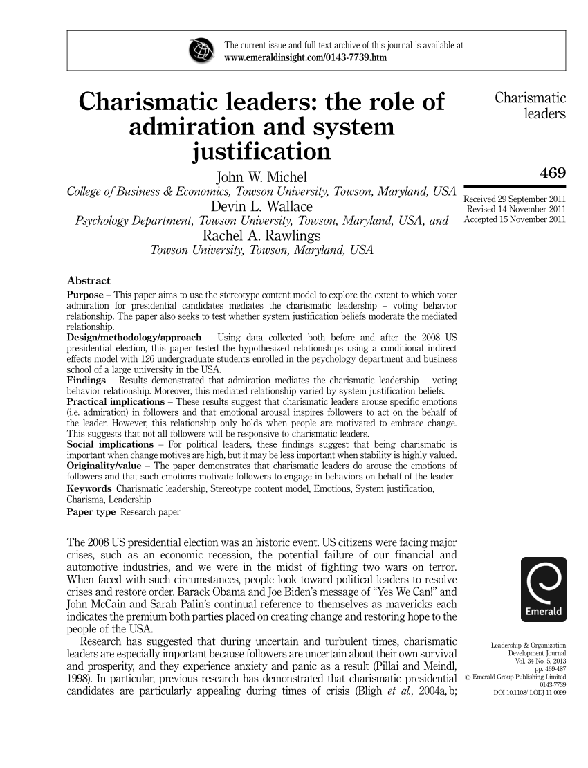 PDF Charismatic leaders The role of admiration and system ...