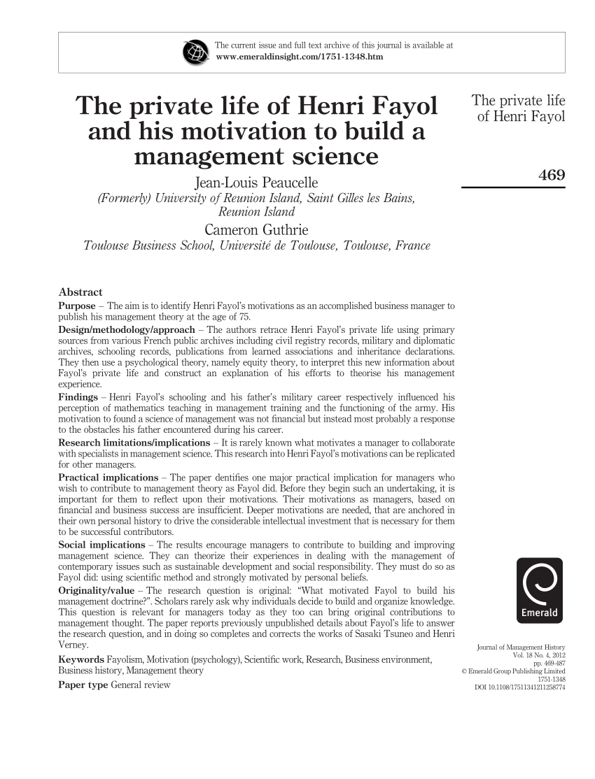 PDF) The private life of Henri Fayol and his motivation to build a ...