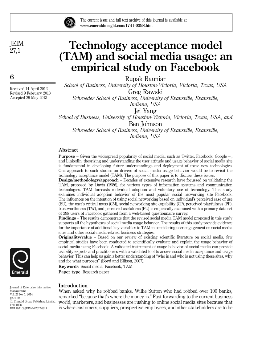 Pdf Technology Acceptance Model Tam And Social Media Usage An Empirical Study On Facebook