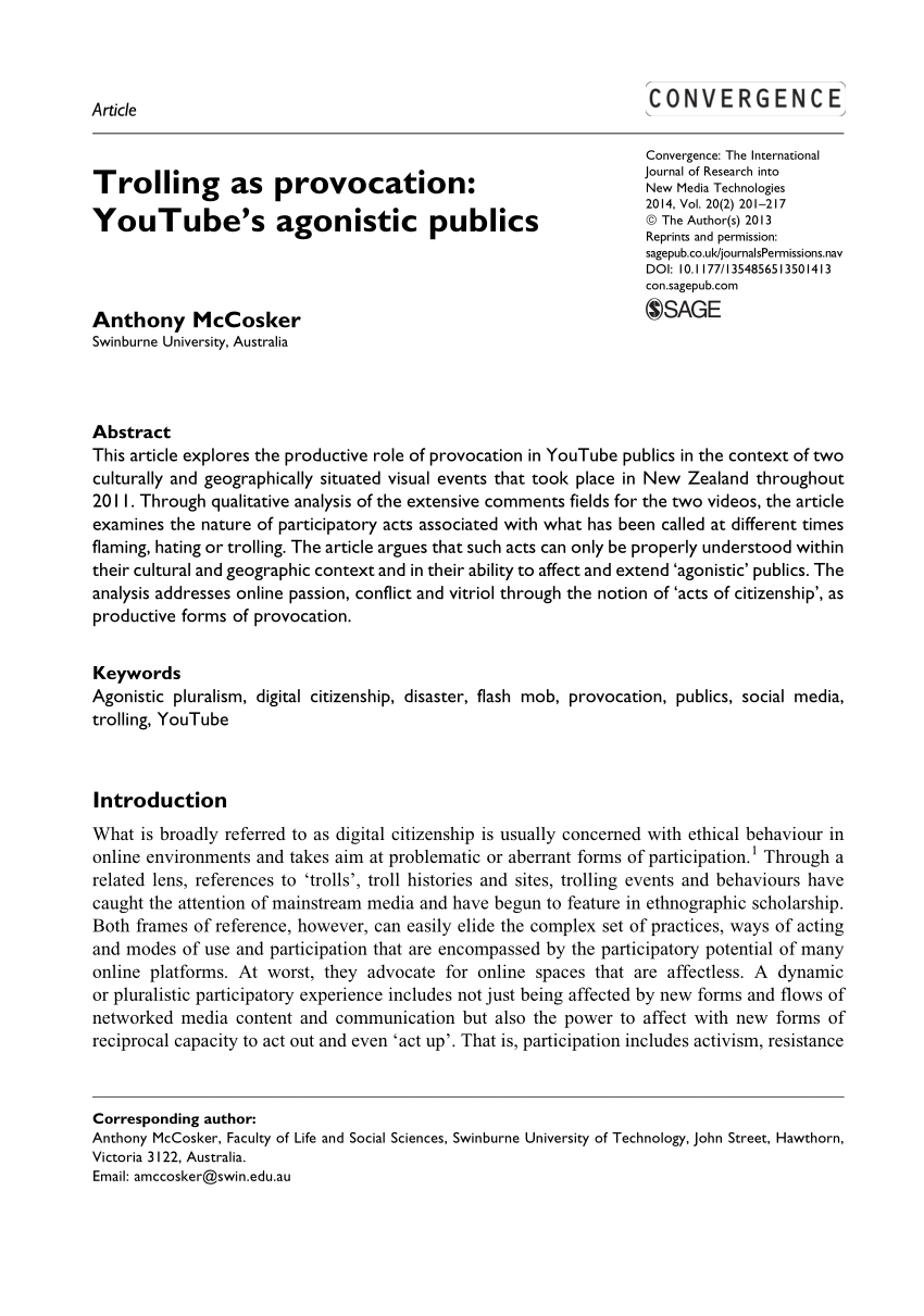Pdf Trolling As Provocation Youtube S Agonistic Publics