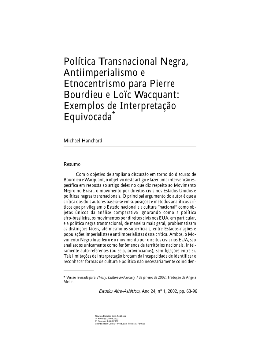 SciELO - Brasil - Política transnacional negra, antiimperialismo e  etnocentrismo para Pierre Bourdieu e Loïc Wacquant: exemplos de  interpretação equivocada Política transnacional negra, antiimperialismo e  etnocentrismo para Pierre Bourdieu e Loïc Wacquant