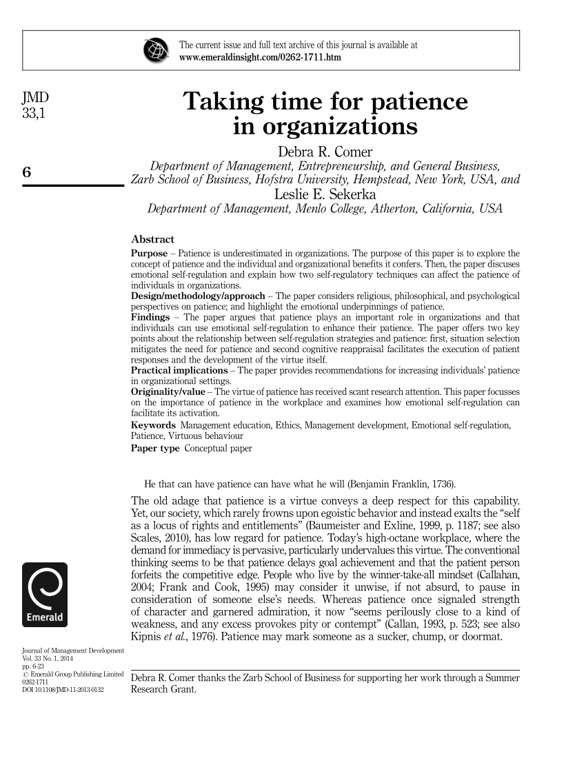 Pdf Taking Time For Patience In Organizations