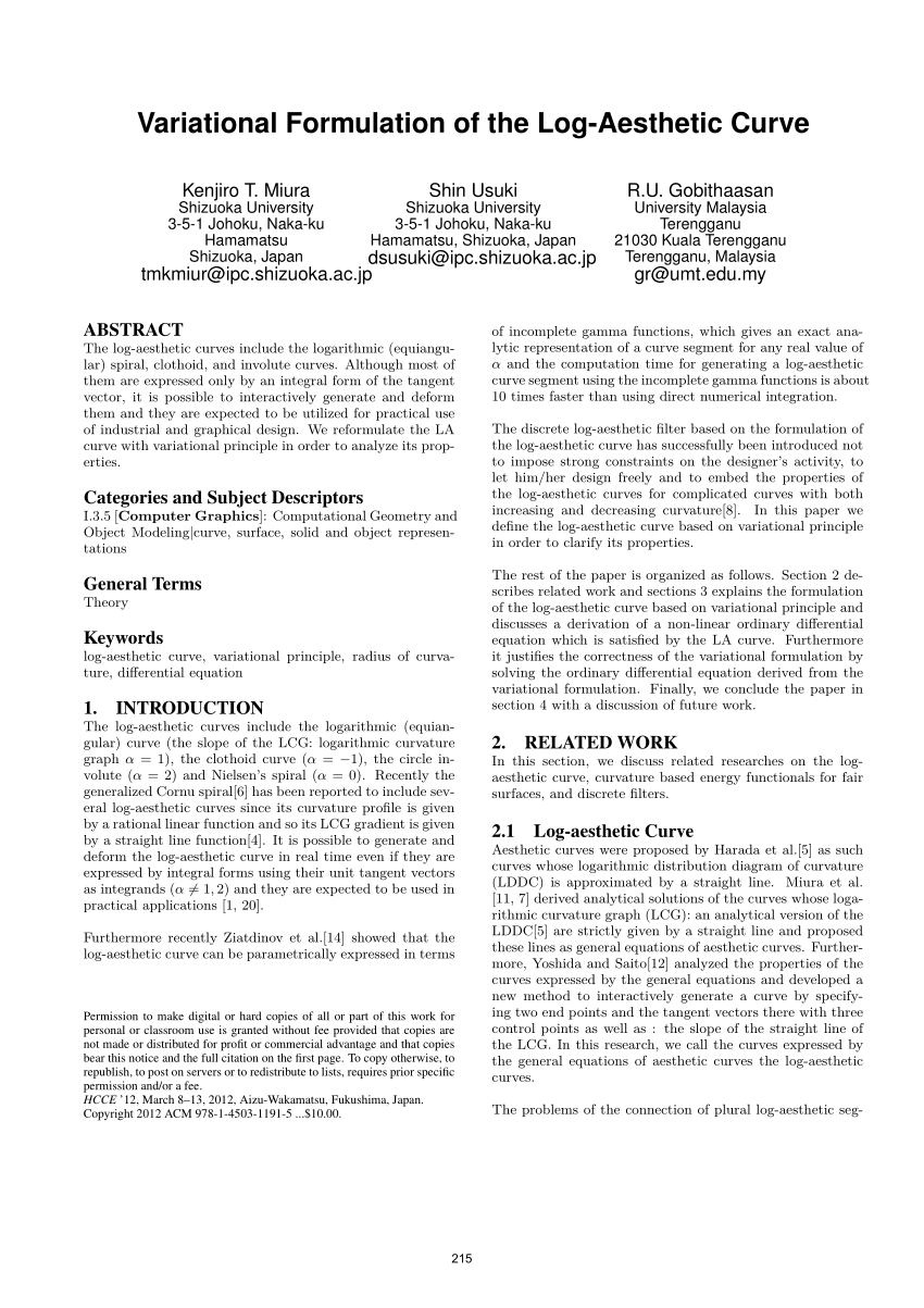 Pdf Variational Formulation Of The Log Aesthetic Curve