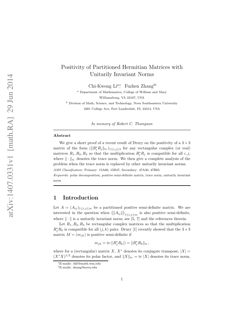 Pdf Positivity Of Partitioned Hermitian Matrices With Unitarily Invariant Norms