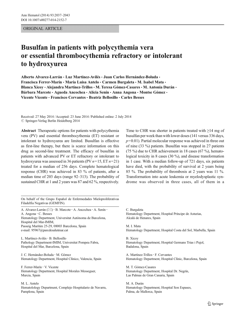 Pdf Busulfan In Patients With Polycythemia Vera Or Essential Thrombocythemia Refractory Or Intolerant To Hydroxyurea