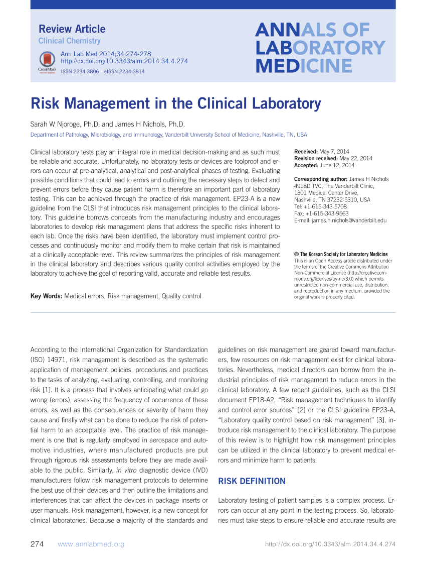 Pdf Risk Management In The Clinical Laboratory