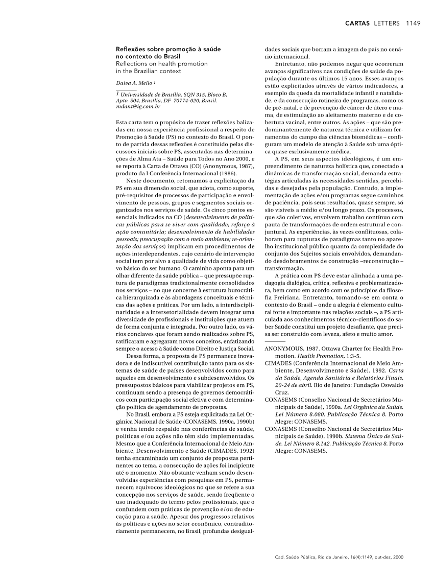 Pdf Reflexões Sobre Promoção à Saúde No Contexto Do Brasil 1656