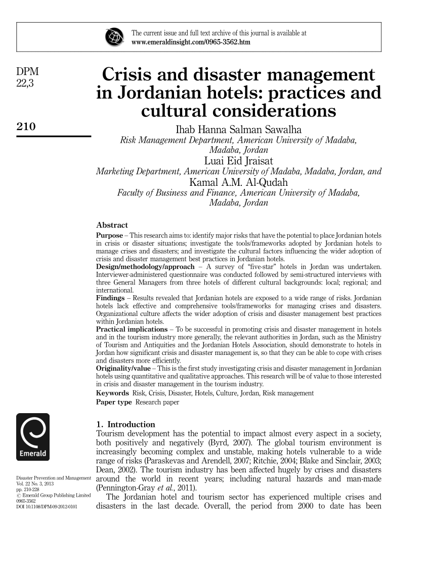 Pdf Crisis And Disaster Management In Jordanian Hotels Practices