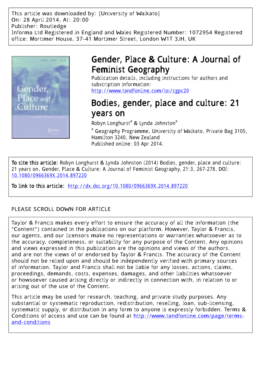 PDF) Bodies, gender, place and culture: 21 years on