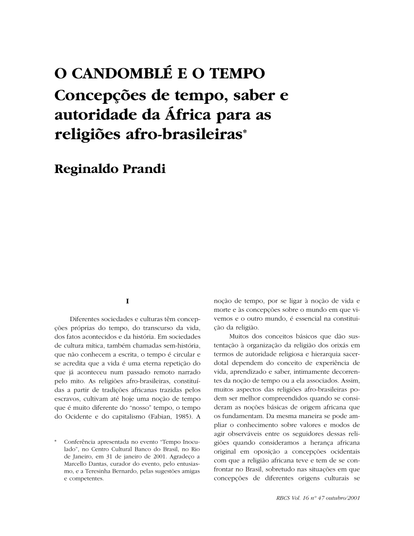 PDF) O candomblé e o tempo: concepções de tempo, saber e autoridade da  África para as religiões afro-brasileiras