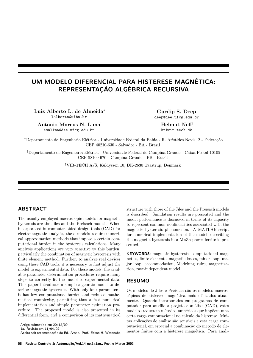 PDF) Um modelo diferencial para histerese magnética: representação  algébrica recursiva