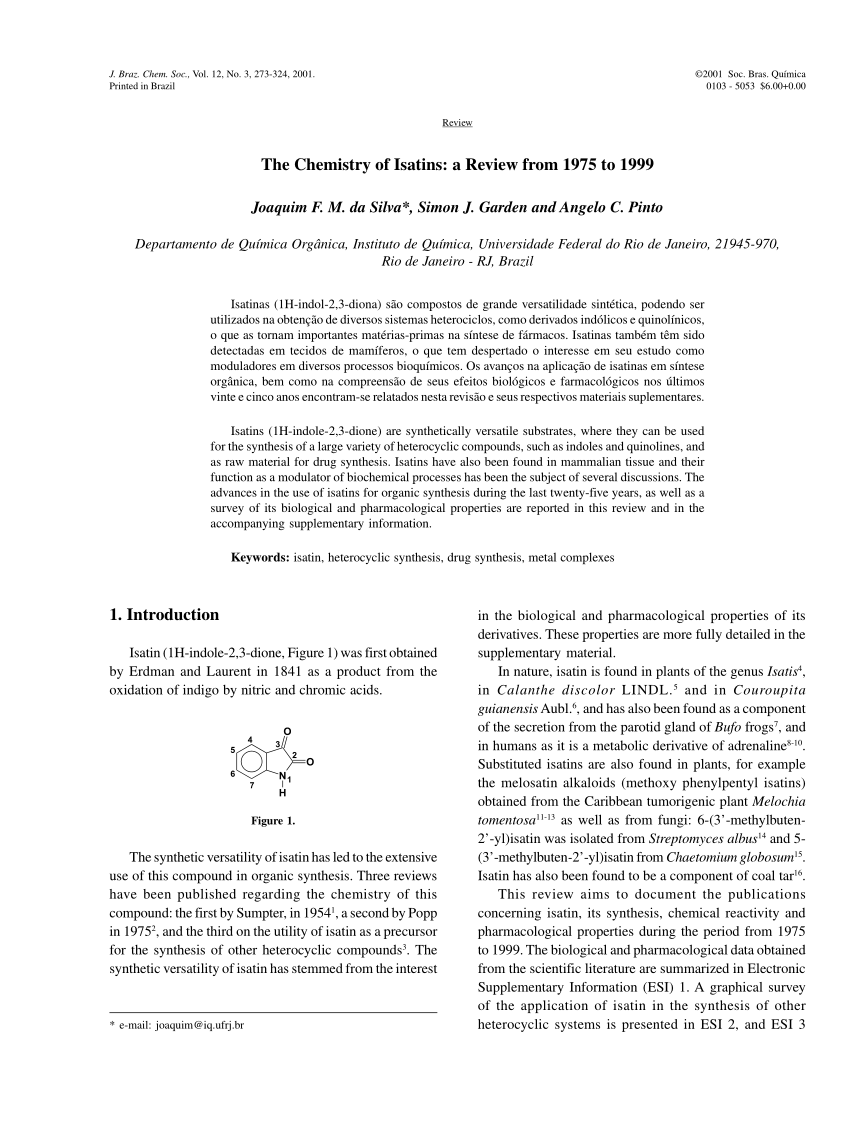 Pdf The Chemistry Of Isatins A Review From 1975 To 1999