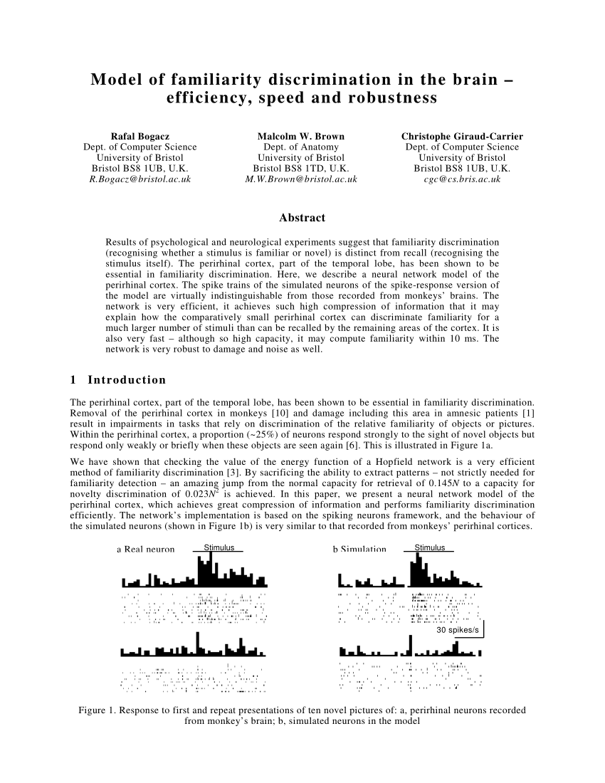 Pdf Model Of Familiarity Discrimination In The Brain Efficiency Speed And Robustness