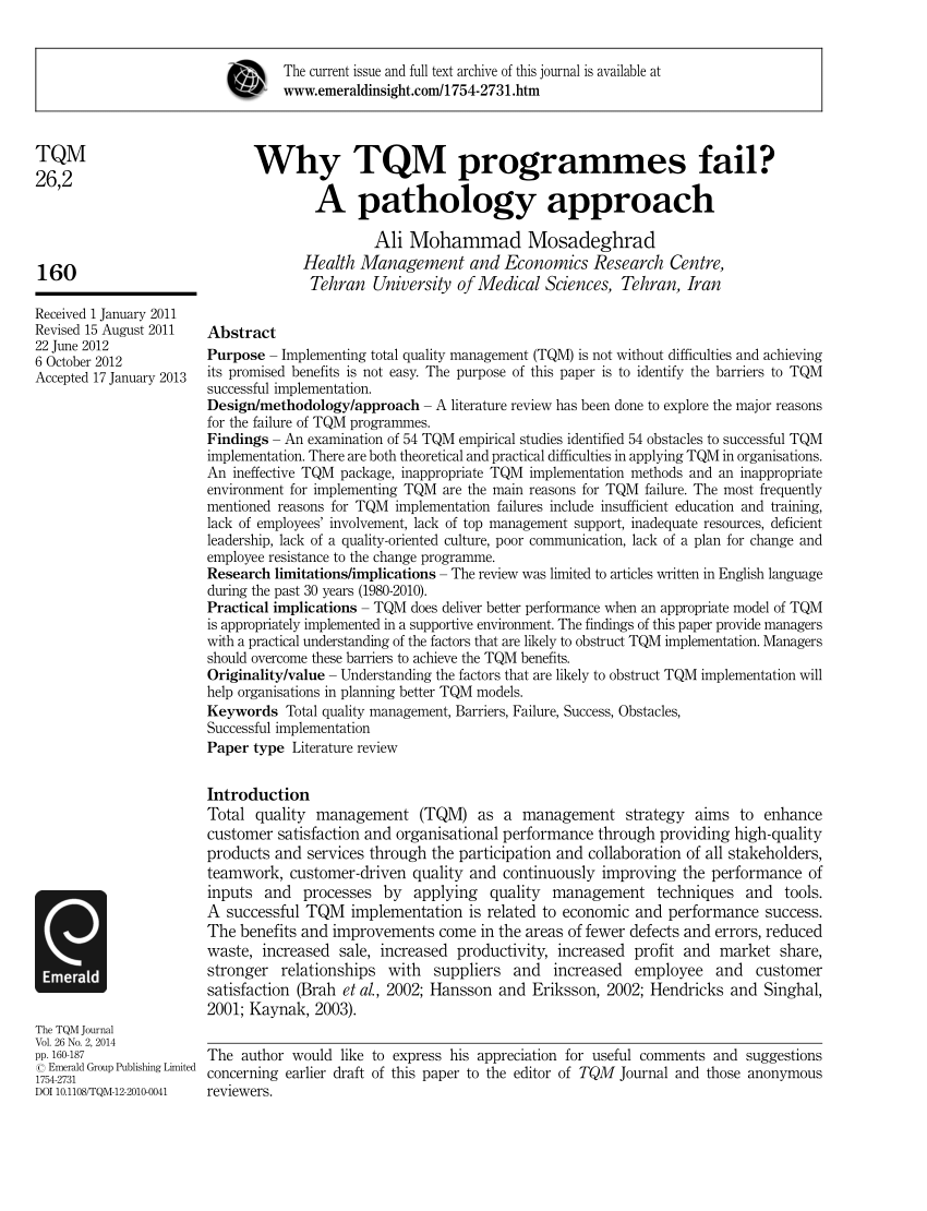 Pdf Why Tqm Programmes Fail A Pathology Approach