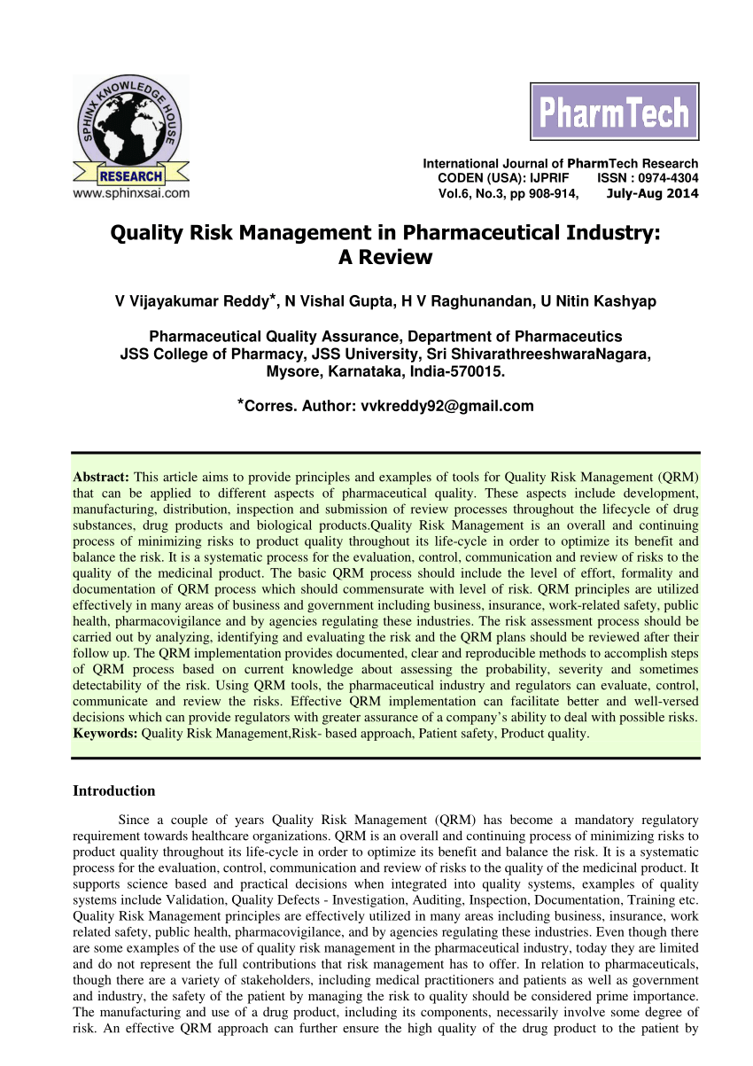 quality risk management case study in pharmaceutical industry