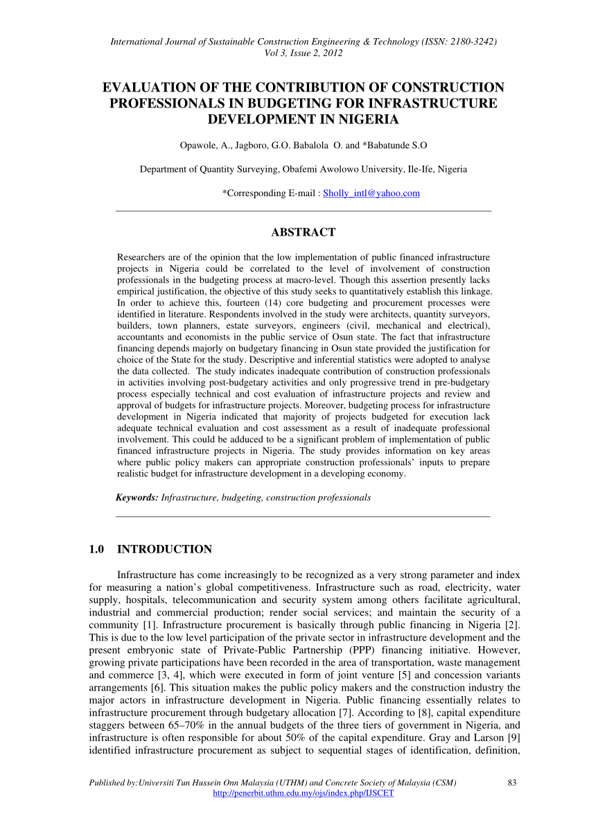 Pdf Evaluation Of The Contribution Of Construction Professionals In - pdf evaluation of the contribution of construction professionals in budgeting for infrastructure development in nigeria