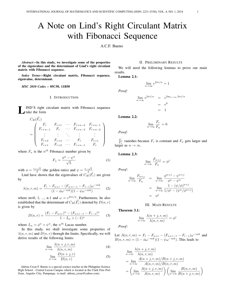 Pdf A Note On Linds Right Circulant Matrix With Fibonacci Sequence 6481