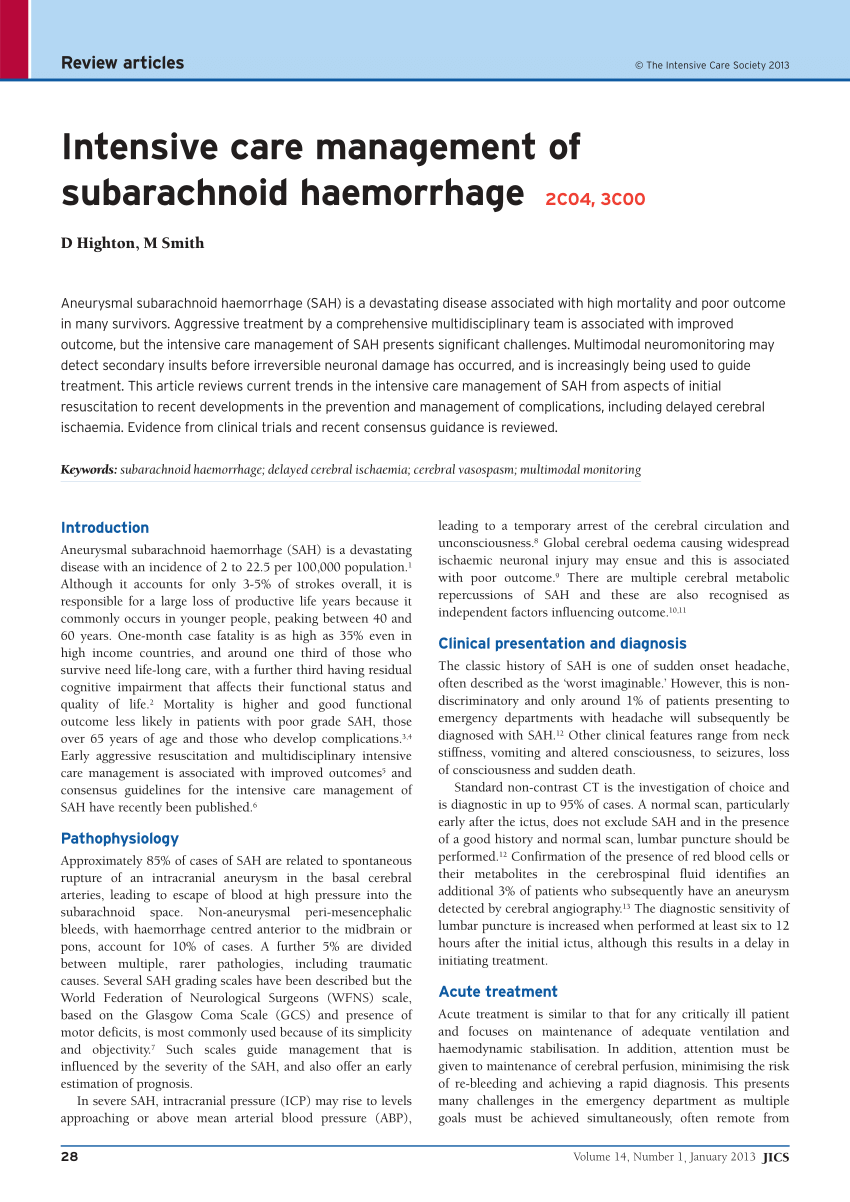 Pdf Intensive Care Management Of Subarachnoid Haemorrhage