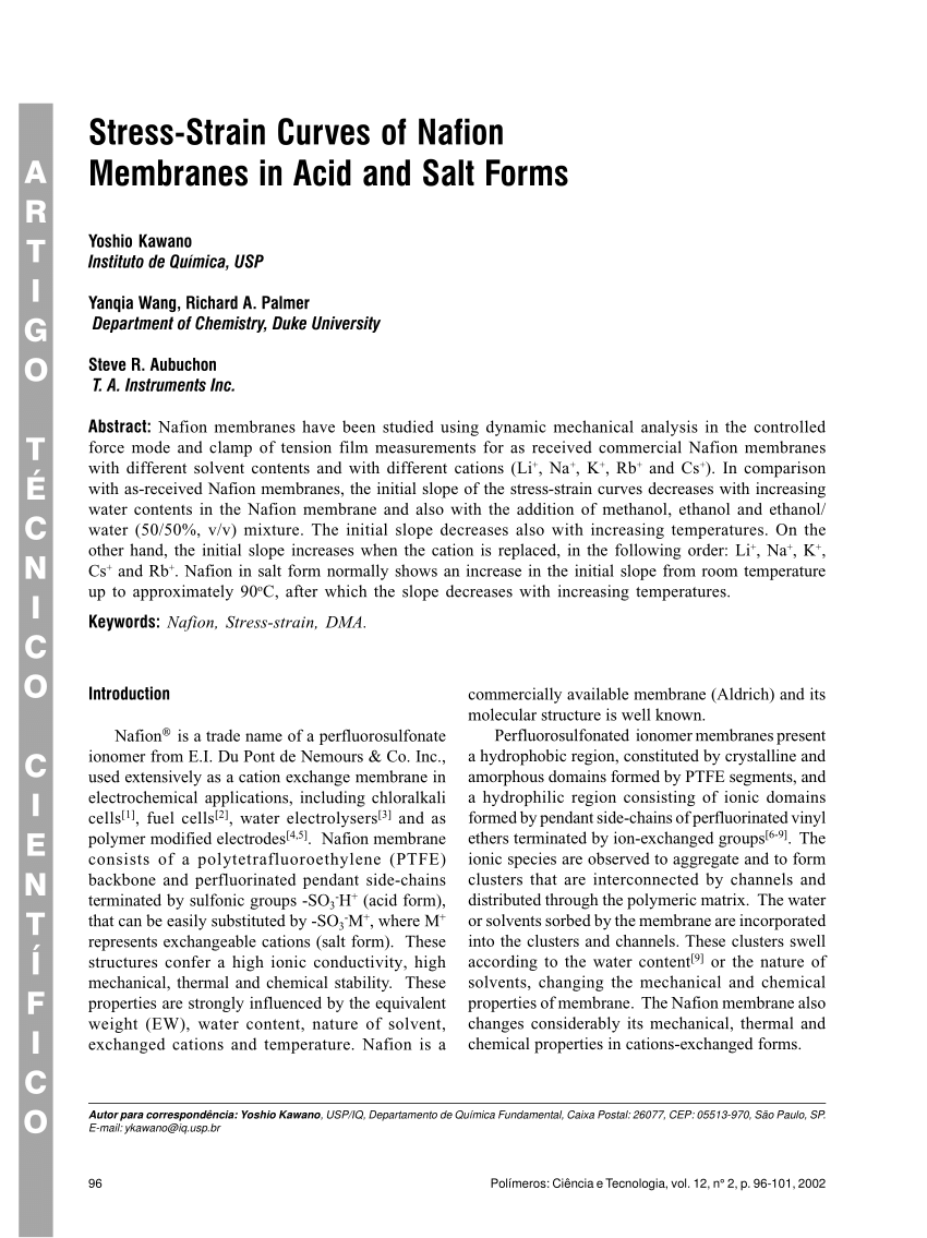 Pdf Stress Strain Curves Of Nafion Membranes In Acid And Salt Forms