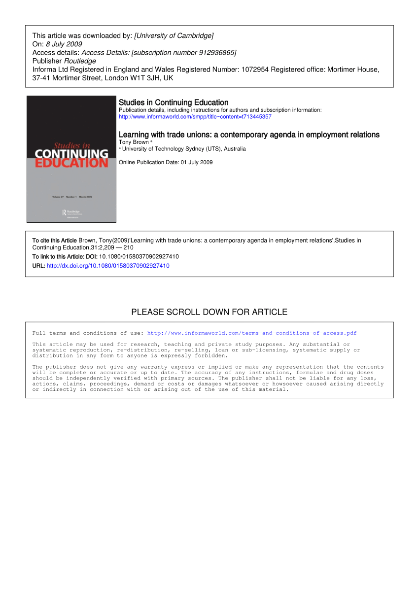 Pdf Learning With Trade Unions A Contemporary Agenda In Employment Relations