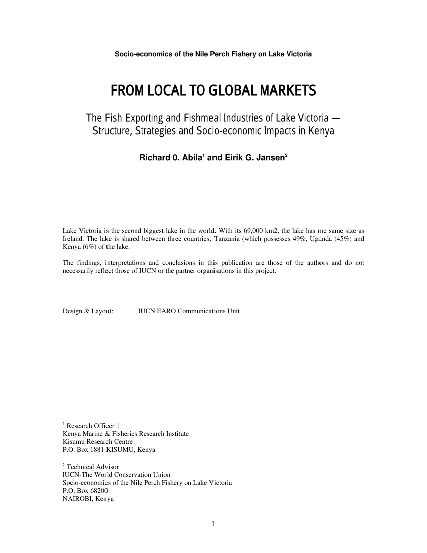 Pdf From Local To Global Markets The Fish Exporting And Fishmeal Industries Of Lake Victoria Structure Strategies And Socio Economic Impacts In Kenya
