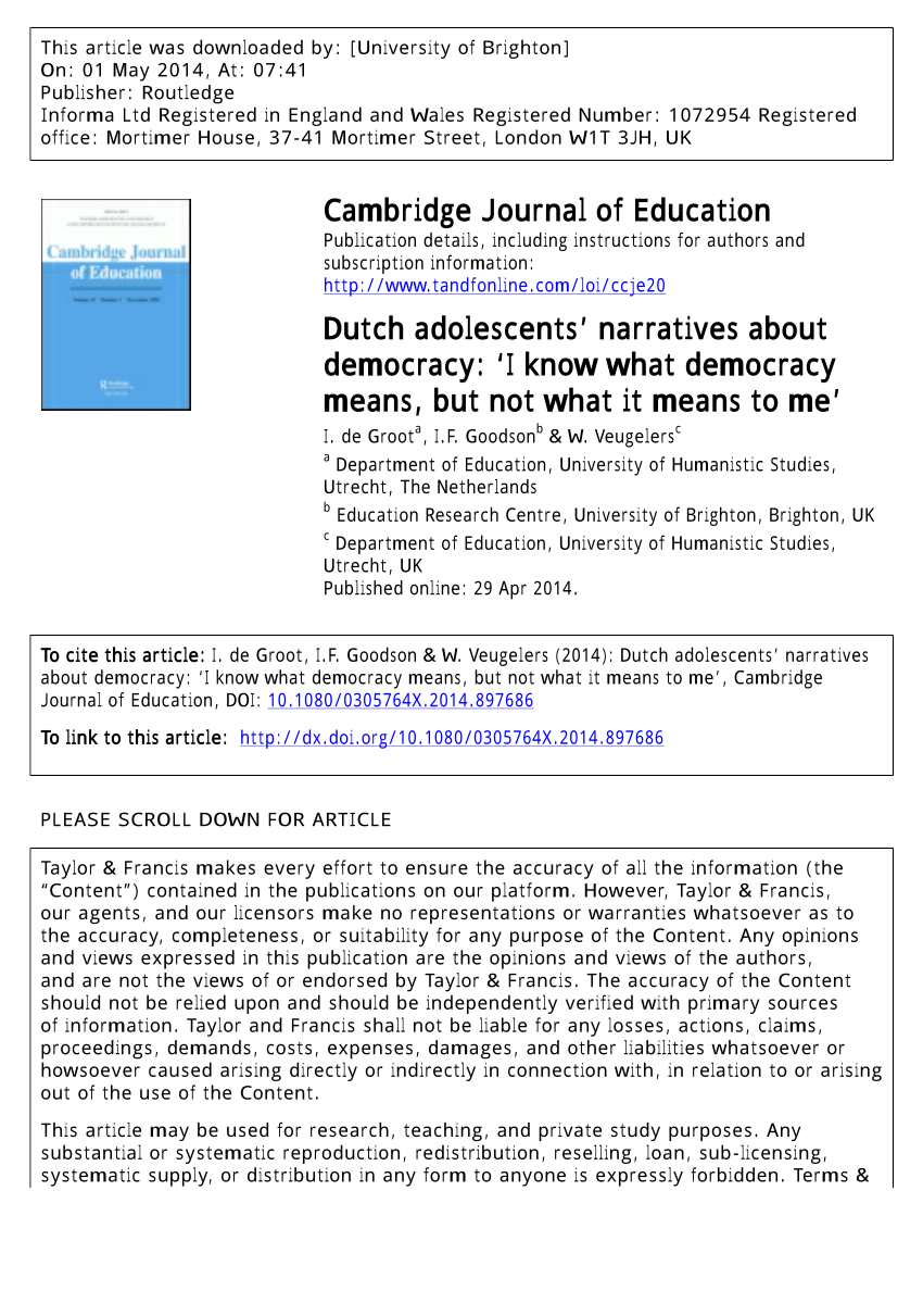 PDF Groot I Veugelers W & Goodson I 2013 Adolescents democratic engagement A qualitative study into the lived citizenship of adolescents in