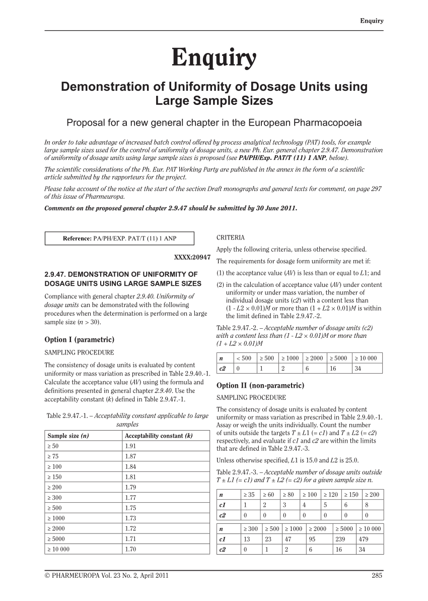 Mobilize Expanding questionnaire PDF) Demonstration of uniformity of dosage units using large sample sizes