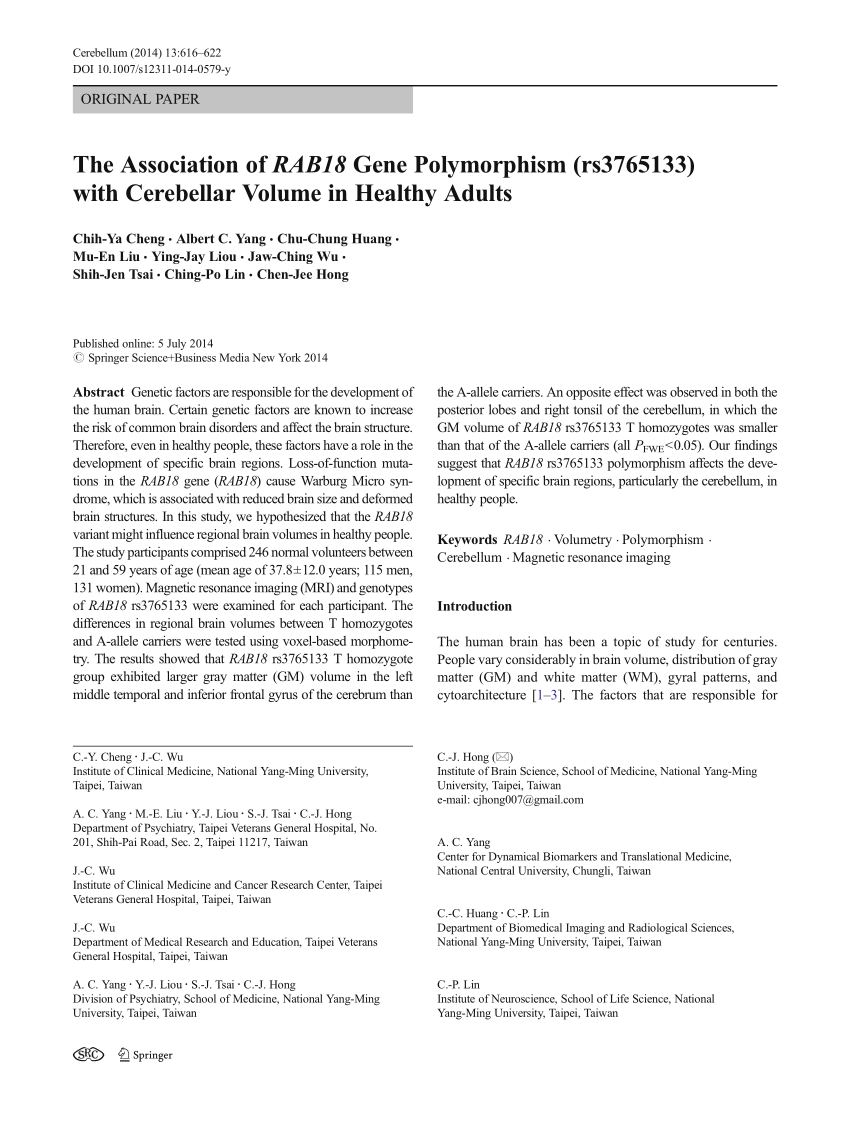 Pdf The Association Of Rab18 Gene Polymorphism Rs With Cerebellar Volume In Healthy Adults