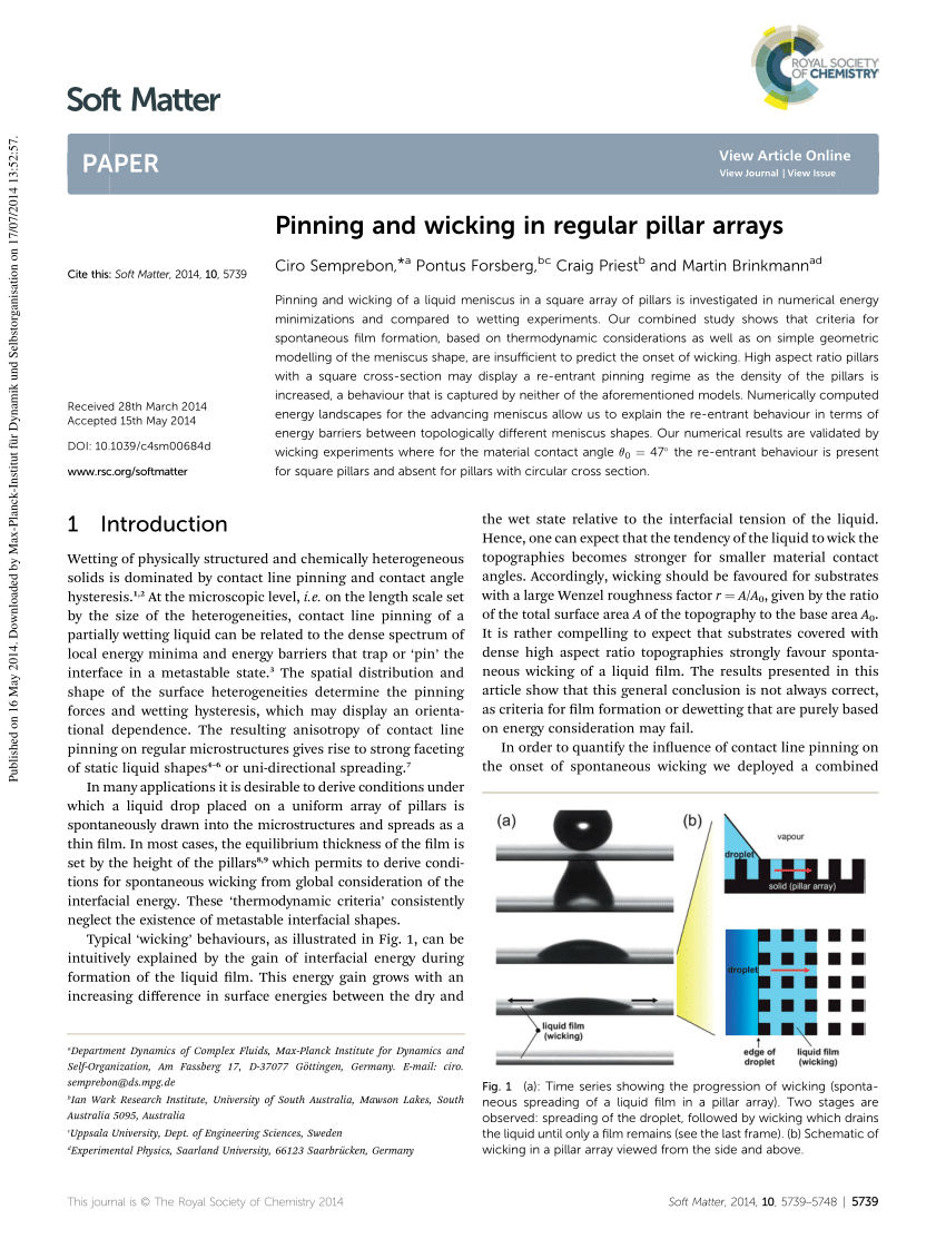 PDF Pinning and wicking in regular pillar arrays