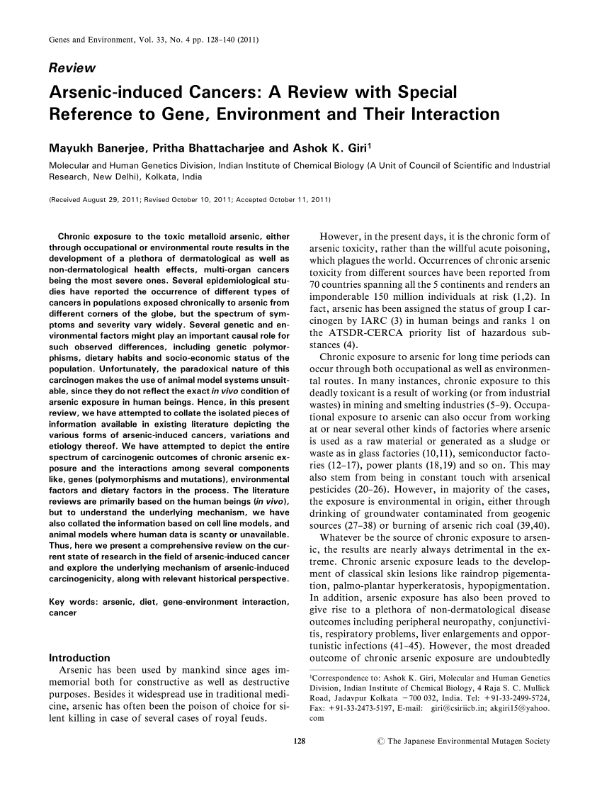 Pdf Arsenic Induced Cancers A Review With Special Reference To Gene Environment And Their Interaction