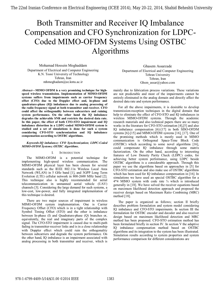 Pdf Both Transmitter And Receiver Iq Imbalance Compensation And Cfo Synchronization For Ldpc Coded Mimo Ofdm Systems Using Ostbc Algorithms