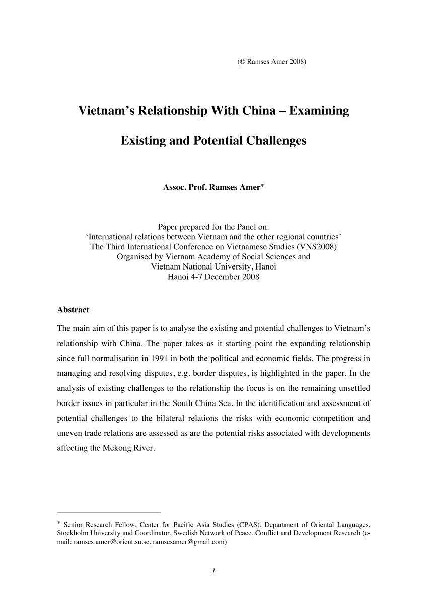 (PDF) Vietnam’s Relationship With China – Examining Existing and Potential Challenges