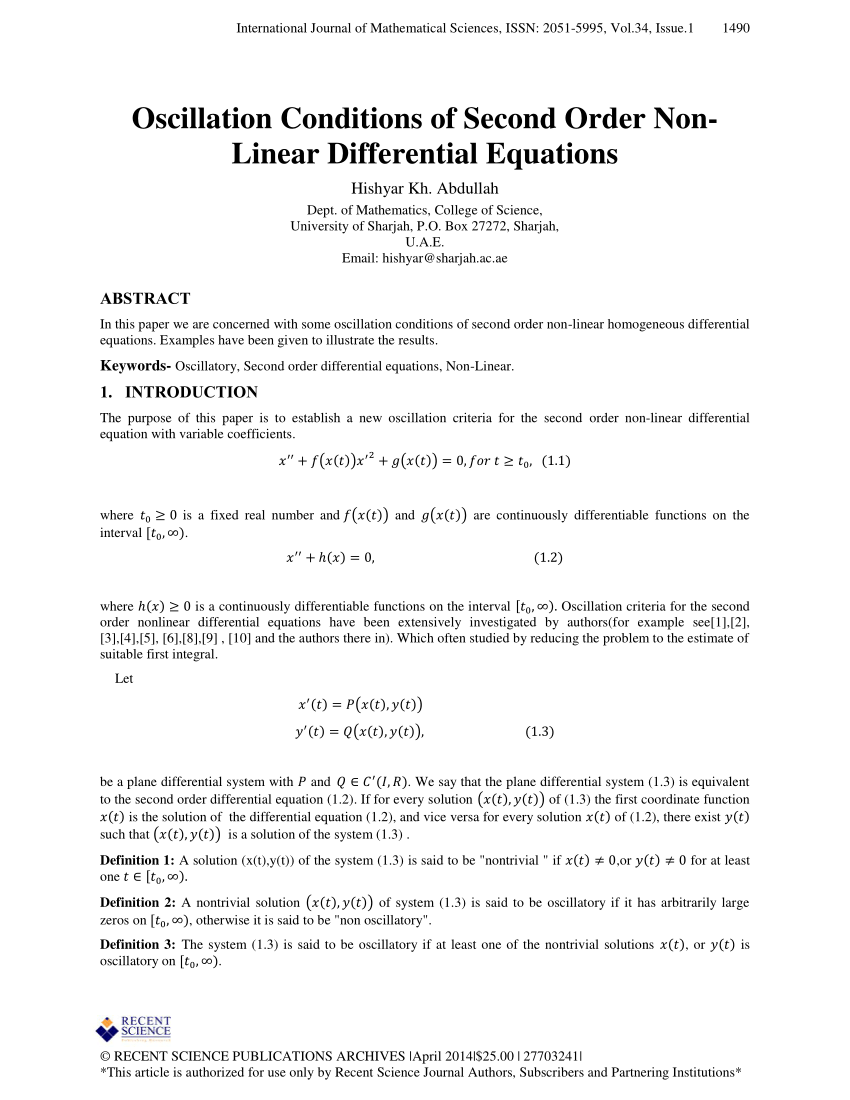Pdf Oscillation Conditions Of Second Order Non Linear Differential Equations