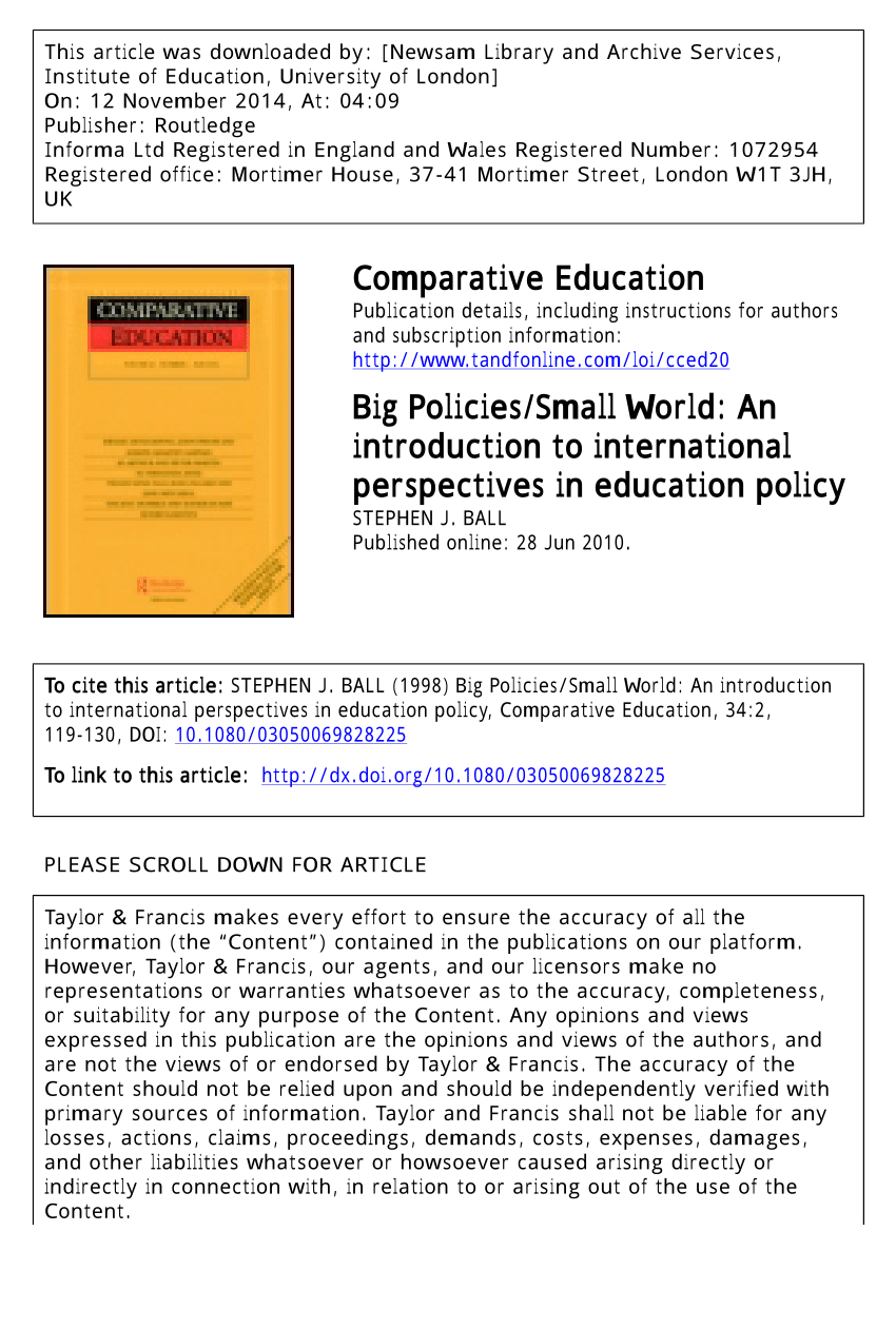 Pdf Big Policies Small World An Introduction To International Perspectives In Education Policy