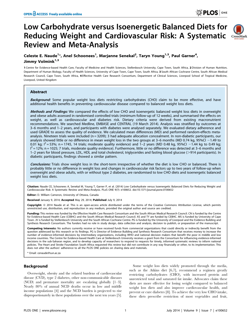 Pdf Low Carbohydrate Versus Isoenergetic Balanced Diets For Reducing Weight And Cardiovascular 8241